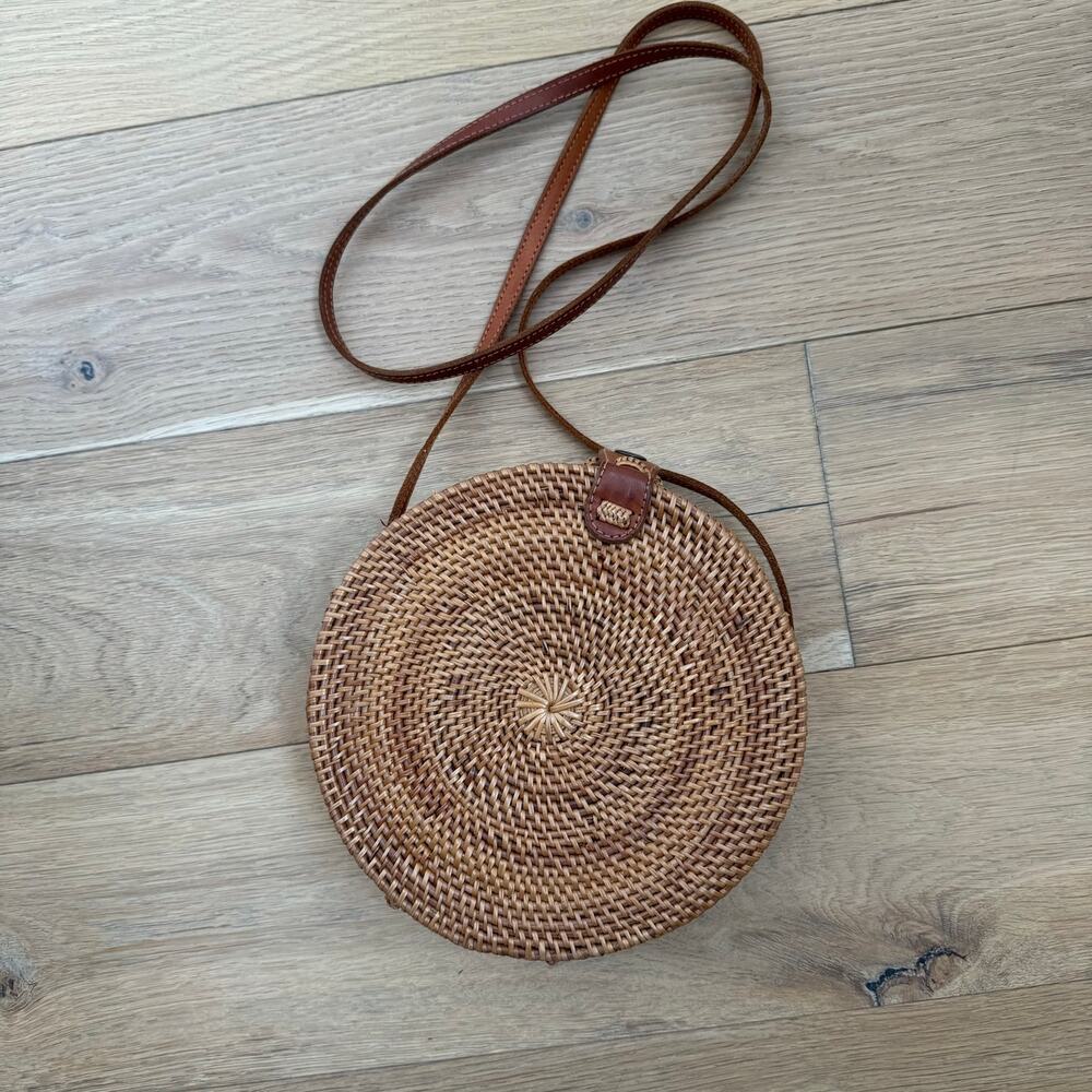 Street Level Handwoven Round Rattan Leather Straps Crossbody Shoulder Bag